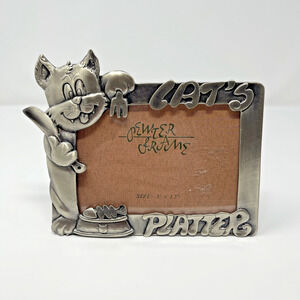 Pewter Picture Frame Kitty Cats Platter Dinner Time Vintage 3.5 X 5 Food Bowl